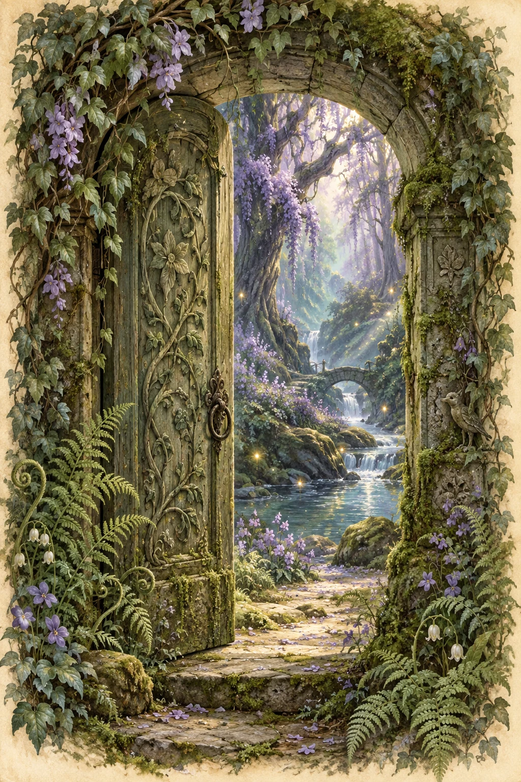 A botanical doorway opens into a lilac forest