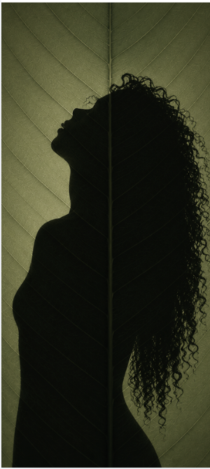 Silhouette of long curly hair backlit against a leaf