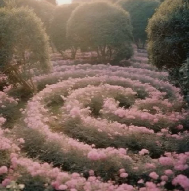 A spiral garden of pink blossoms, the Paree brand's storybook-botanical world